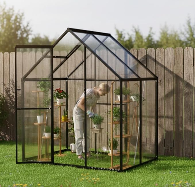 6X4 FT Polycarbonate Greenhouse, Small Walk-in Green House for Outside, Reinforced Aluminum Frame Greenhouses, Heavy Duty Garden, Patio, Backyard Planting