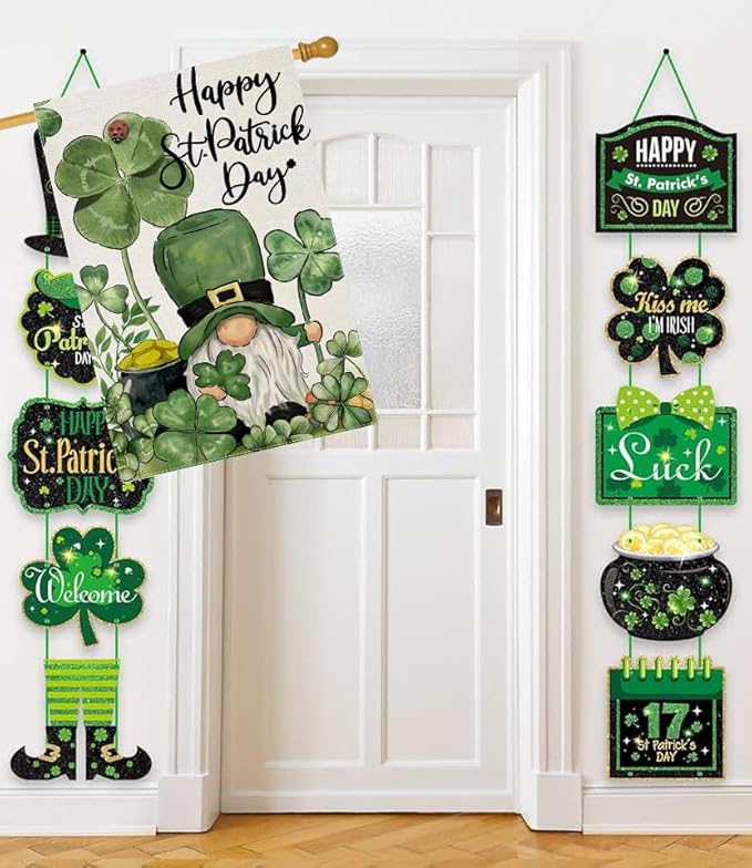 Happy St Patricks Day House Flags for Outdoor Decoration, Irish Gnome with Shamrocks Large Yard Flag,Seasonal Decorative Decor for Holiday Irish Anniversary Celebration Outside 28x40 Inch Double Sided
