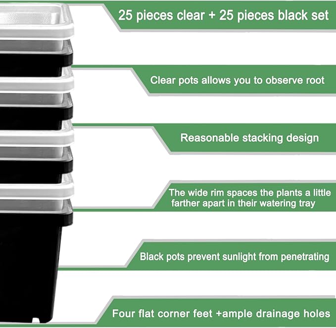 Gyfofix 2 Inch Square Plant Nursery Pots (Black+Clear),50Pcs Seedling Planter Seed Starter Pots,Sturdy Small Plastic Pots with Drainage Holes