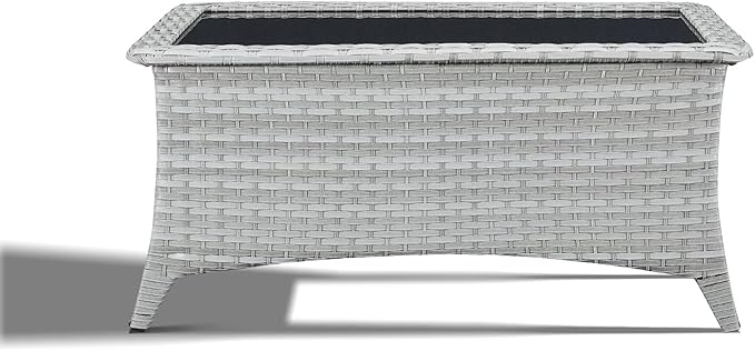 Outdoor Coffee Table - Patio Rattan Wicker Coffee Table with Tempered Glass Top Outdoor Table for Deck Porch Balcony Garden - Light Grey