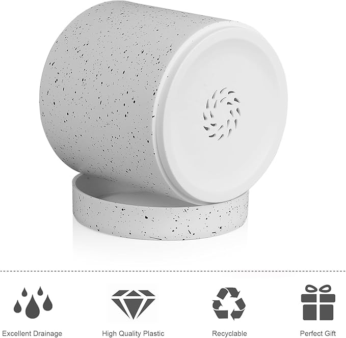 Meowell 6/5/4 inch Plant Pots, 3 Pack Cylinder Flower Pots for Small Indoor Outdoor Plants, Plastic Planters with Drainage Holes and Saucers for Garden Succulent House Plants, Speckled White