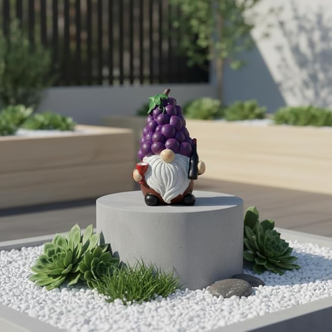 Funny Whimsical Garden Gnome Statue, 5.9 Inch Grape-Shaped Resin Decor with Wine Bottle & Glass, Outdoor/Indoor Yard Patio Ornament for Home Garden Decorations