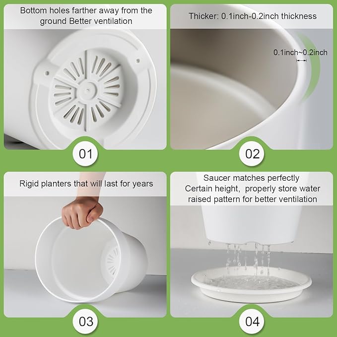 RooTrimmer 3-Pack 8/9/10 Inch Plastic Plant Pots with Saucers – Durable BPA-Free Planters with 21 Drainage Holes, Raised Bottom Breath and Bottom Watering Design for Indoor & Outdoor – White