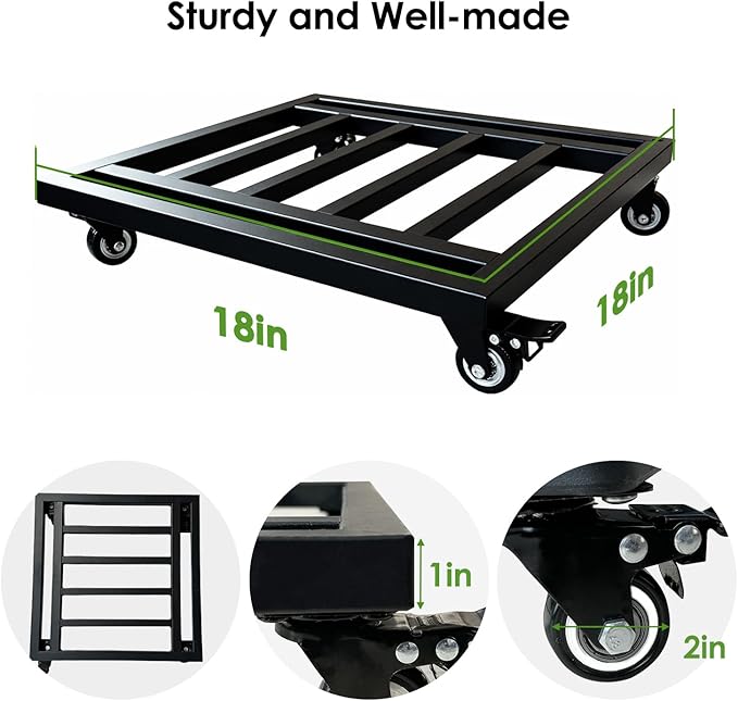 Hongsane 18" Square Plant Stand with Wheels Heavy Duty,Large Metal Plant Caddy Indoor Outdoor Use,Rolling Plant Dolly with Industrial Casters,Rust-Proof Black Plant Tray for Large Planters Pots,2-Pack
