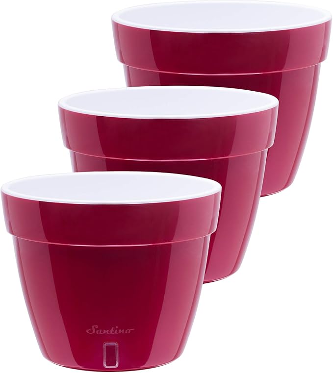 DECOPOTS - 3 Pack - Self Watering Planter - Modern Flower Pot with Water Level Indicator for All House Plants, Flowers, Herbs - Height 8.3 inches (Diameter 10.6", Red - Pearl/White)
