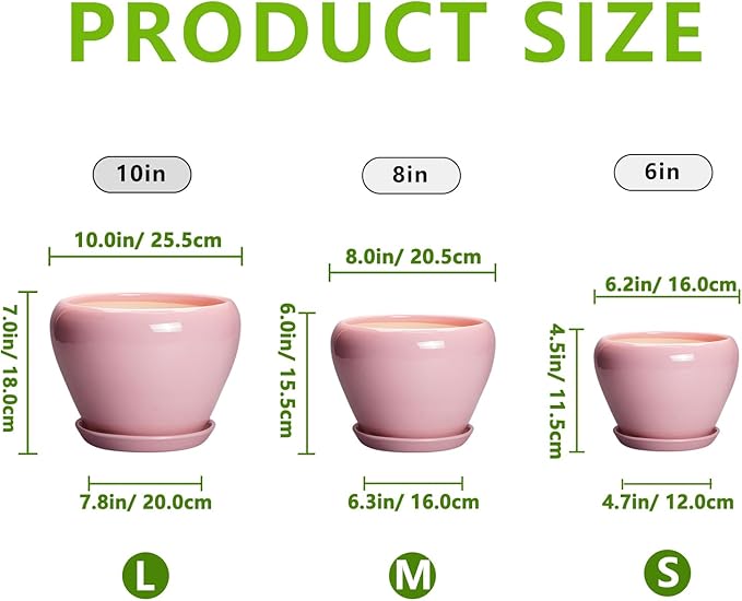 Ceramic Planters, 10+8+6 Inch Ceramic Plant Pots with Drainage Holes and Saucers, Flower Pots for Indoor Outdoor Plants, Modern Round Planter, Office Decor, Plant Lover Gifts, Set of 3, Pink