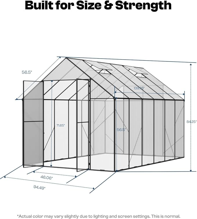 8x12 FT Greenhouse, Outdoor Greenhouse with Aluminum Frame, Polycarbonate Greenhouse for Outdoors with Roof Vent, Walk in Greenhouse for Outside Garden Backyard, Patio, Lawn (Black)