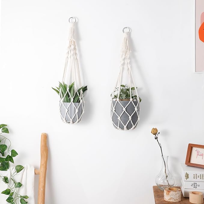 Artilady Macrame Plant Hanger Large Hanging Planter for Indoor Plants Holder White Cotton Rope Hanging Plant Basket Handmade Outdoor Window Boho Plant Wall Decor (White Macrame)