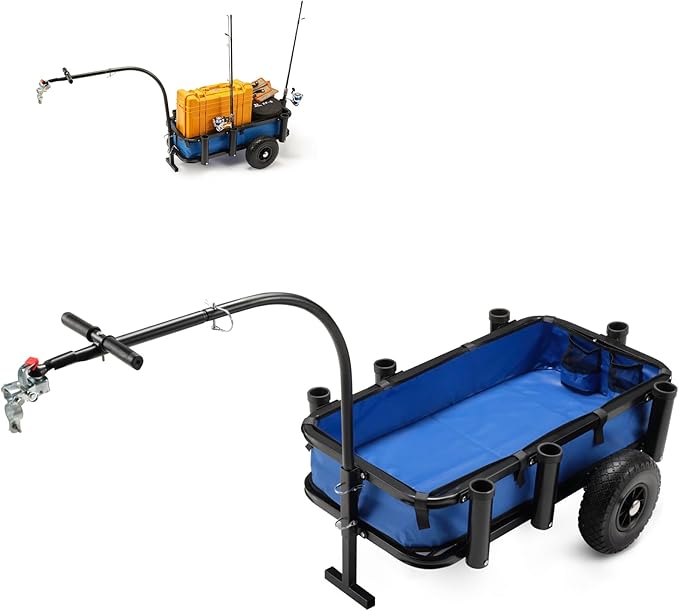 Beach Fishing Cart, w/10 Big Wheels Black PU Solid Balloon Tires for Sand, Fishing Wagon Cart Large Capacity with 32-1/4" L x 16" W Liner and PP Plate, Heavy Duty Surf Cart w/Bicycle Hitch