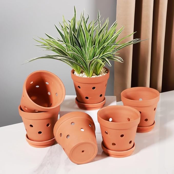 Yishang 6 Inch Clay Orchid Pots With Drainage Holes & Saucers - 6 Pack Large Terracotta Planters for Repotting, Indoor & Outdoor Plant Flowers, Promotes Air Circulation