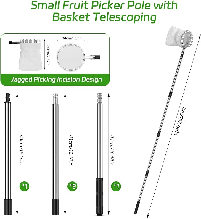 BURMONG 13.8 FT Fruit Picker Tool with Stainless Steel Pole & Soft Basket – Adjustable Tree Fruit Harvester for Apple, Mango, Avocado, Orange, Pear, Lemon & More – Lightweight & Rust-Resistant