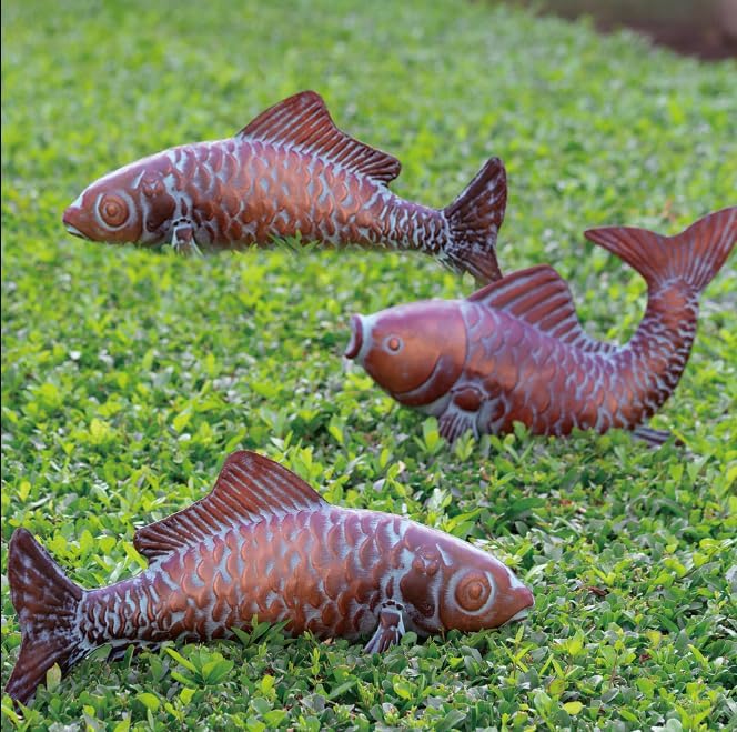 Metal Koi Fish Statues Garden Decor Antique Copper Koi Outdoor Sculptures & Statues for Patio,Backyard,Pond,Home Decoration,Metal Fish Stakes for Outside,Gardening Gift for Mom Grandma,Set of 3