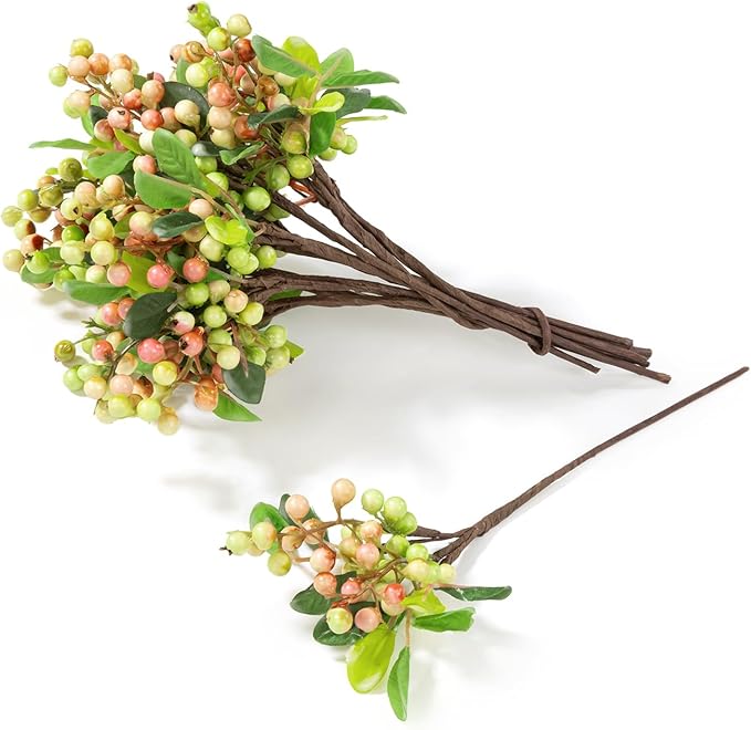 SHACOS Artificial Pink Berry Stems 20 PCS Fake Berries Branches Spray with Green Leaves 9.8 inch Small Berry Picks for Christmas Decorations Crafts Filler Holiday Home Decor, Pink