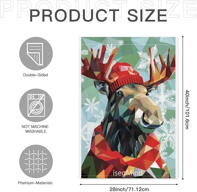 Moose with Red Scarf and Hat Snowflake Christmas Garden Flag, 28x40 Inch Double Sided Linen Holiday Red Winter Farmhouse Yard Outdoor Decoration (4336)