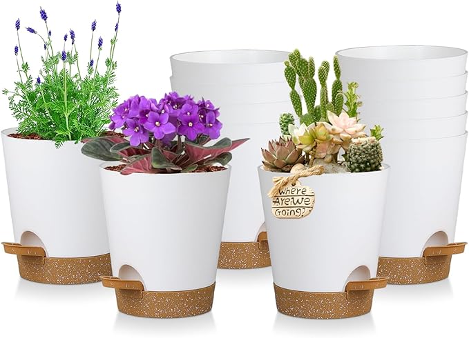 zople 12 Pack 4 Inch Self Watering Plant Pots with Drainage and Saucers，Plastic Flower Pots for Indoor and Outdoor Plants, Nursery Planters for Houseplants and Herbs White Brown, 4 inch 12pcs