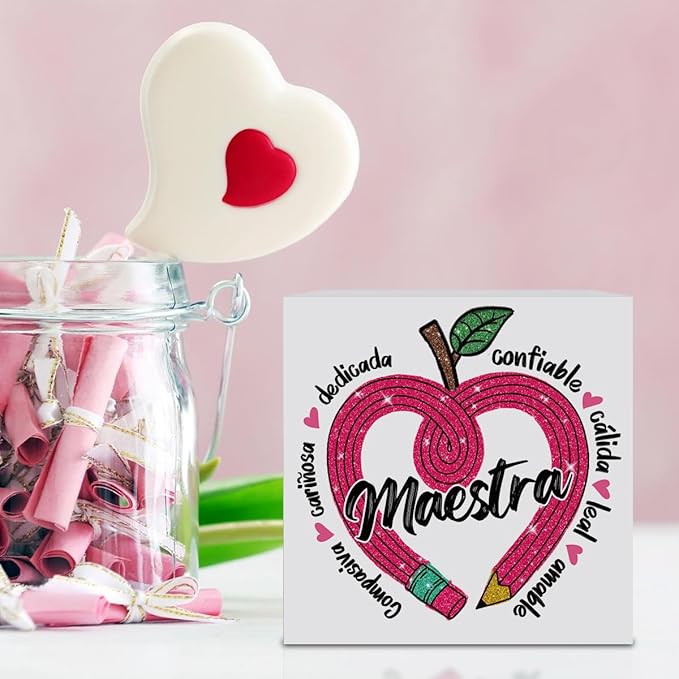 Teacher Valentine Decor Gift, Spanish Teacher Appreciation Gifts, Vintage Valentines Day Gifts for Teachers, Graduation Birthday Gift, Heart Pencil Wooden Box Sign for Office Desk Decor