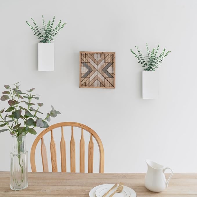 Dahey 2 Pack Wood Wall Planter Vase with Artificial Eucalyptus Farmhouse Wall Hanging Decor Pocket Planter for Indoor Fake Plants Greenery Flowers Living Room Bedroom Kitchen Home Decoration, White