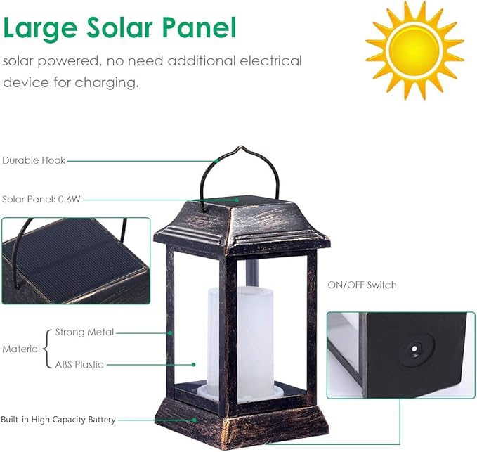 TomCare Solar Lights Metal Flickering Flame Solar Lantern Outdoor Hanging Lanterns Lighting Heavy Duty Solar Powered Waterproof LED Flame Lights for Outdoor Patio Garden, 2 Pack (Bronze)
