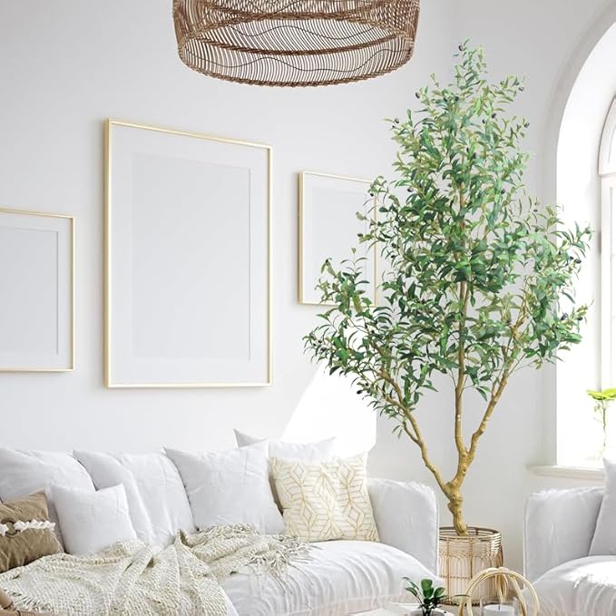 Olive Tree 7 feet,Fake Plants Indoor with Lightweight Durable Modern Fiberstone Sphere Planter,Realistic Trunk & Lifelike Leaves, Perfect for Large Spaces & Elegant Home/Office Decor (7FT with Pot)
