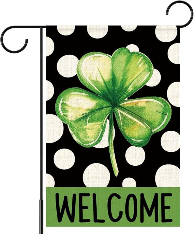 St Patricks Day Welcome Garden Flag 12x18 Inch Double Sided,Shamrock Polka Dots Outdoor Irish Decor House Porch Flag for St Patrick's Day Party and Yard Decorations