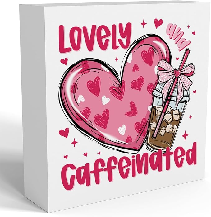 Valentines Day Decorations, Valentines Day Gifts for Her Him, Gift for Boyfriend Girlfriend, Pink Heart Bow Coffee Anniversary Wooden Box Sign Husband Wife Coffee lover Home Office Bedroom Desk Decor