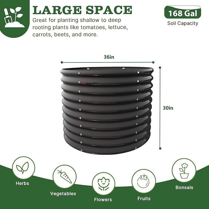 A ANLEOLIFE 30" Extra Tall Galvanized Raised Garden Beds Outdoor, 3x2.5ft Round Metal Planter Boxes for Planting Vegetables, Flowers, Fruits, Eco-Safe & Easy Setup, Quartz Grey