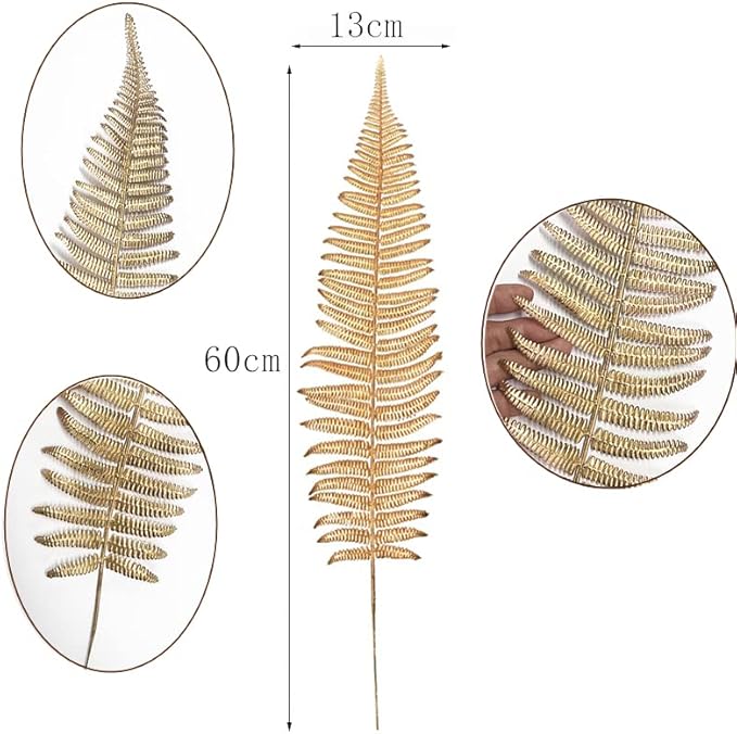 CATTREE Artificial Gold Fern Plants Large Leaves Tall 23" - 5 Pack, Fake Boston Ferns Golden Plant Decoration Plastic Faux Foliage Shrubs Simulated Leaf for Party Wedding Table Centerpiece DIY Décor
