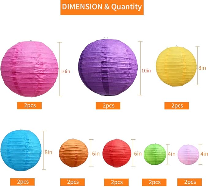 BEISHIDA 16Pcs Colorful Paper Lanterns Multi-Color Chinese/Japanese Hanging Round Paper Lanterns for Wedding, Birthday, Baby Shower, Classroom,Party,Home Decoration(Size of 4”, 6”, 8”, 10”)