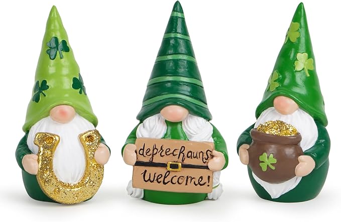 Hodao St. Patrick’s Day Gnomes Figurines— Hand-Painted Resin Leprechaun Gnomes with Pot of Gold, Horseshoe & Shamrock, Lucky Green Home Decor & Gift