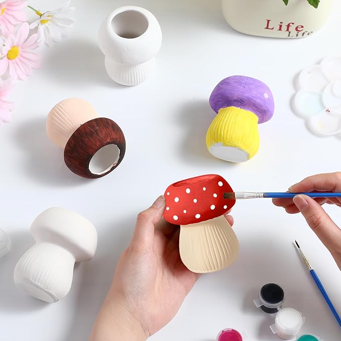 Pasimy 6 Set Ceramics to Paint DIY Ceramic Succulent Planter Pots Paint Your Own Flower Pots Craft Kit Unpainted Bisque Flowerpot with Brush Palette for Family Activity Holiday Gifts(Mushroom)