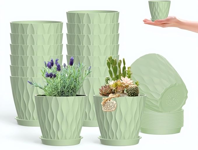 zople 16 Pack 4 Inch Plastic Planter Pots with Tray, Heavy Duty Indoor Outdoor Planter Pots with 48 Drainage Holes for Herbs, Succulents, Seedlings, Flowers Durable and Lightweight Light Green