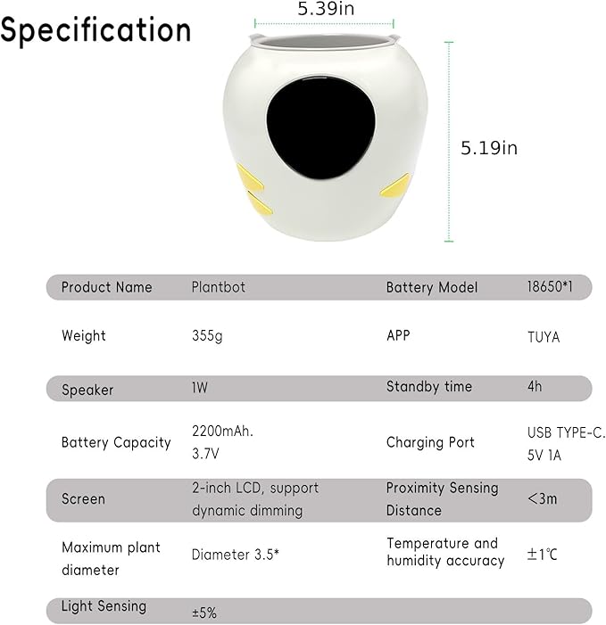 Odpaltoy Smart Plant Pot with Expression, AI Intelligent Flower Pot for Indoor Decoration, Smart Garden Pot with Water/Light/Temperature Sensors, Ivy AI Planter (White（Big）)