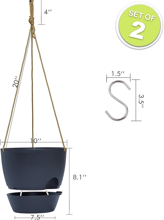 SwinDuck 10 Inch Self Watering Hanging Pots, 2 Pack Hanging Planters with 40oZ Deep Reservior for Indoor Outdoor Plants Flowers, Black
