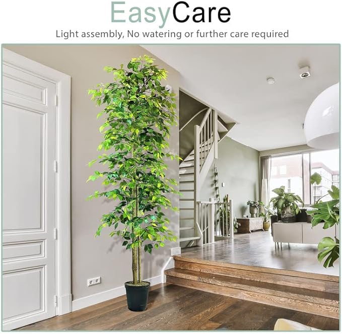 LCG Florals 10ft Artificial Ficus Tree in Black Plastic Pot - Real Wood Trunk, Preassembled, No Maintenance Indoor Faux Plant - Living Room, Home & Office Decor