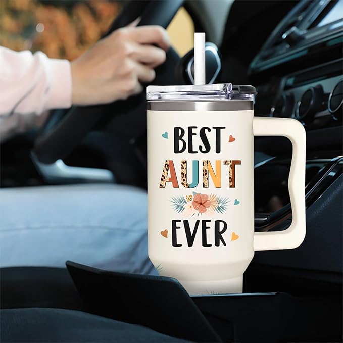 AT2Z GLOBAL Mothers Day, Christmas, Birthday, Gift for Auntie, Aunts - Gifts for Aunt, Auntie - Aunt Gifts from Niece, Nephew - Gift for New Aunts - 40oz Tumbler With Handle & Straw