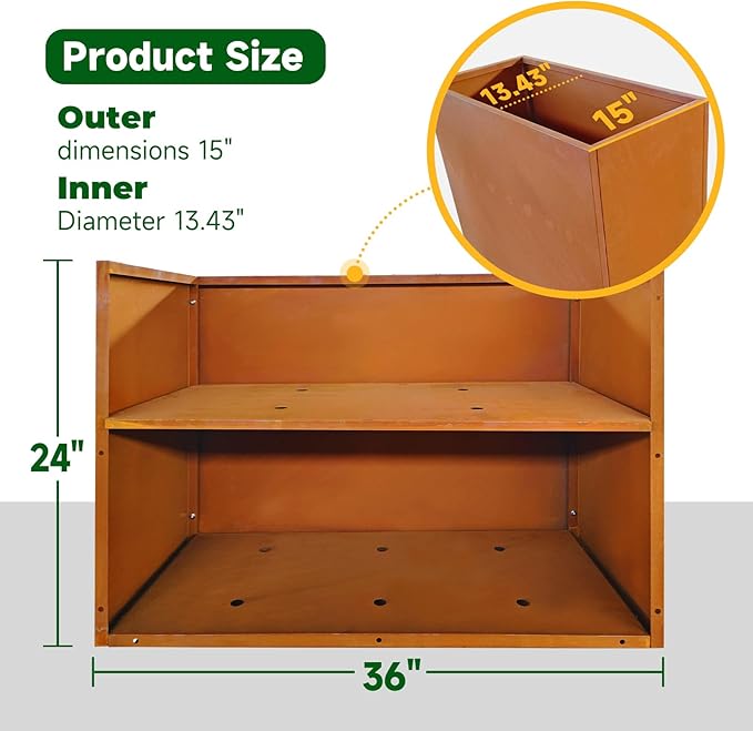 GZLVSOW Corten Steel Metallic Heavy Planter 36" x 15" x 24" for Outdoor Plants Metal Outdoor Planter Spliced Flower Box with Partitions for Outside,Indoor,Garden (Corten, 36 * 15 * 24)