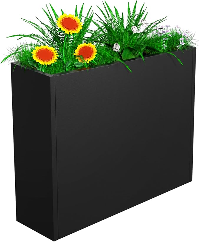 NUWJBYE Tall Metal Planter Box, 38" L x 10" W x 30" H Large Outdoor Planters with Drainage & Adjustable Shelf, Heavy Duty Steel Rectangular Planter for Patio, Balcony, Indoor(Black)