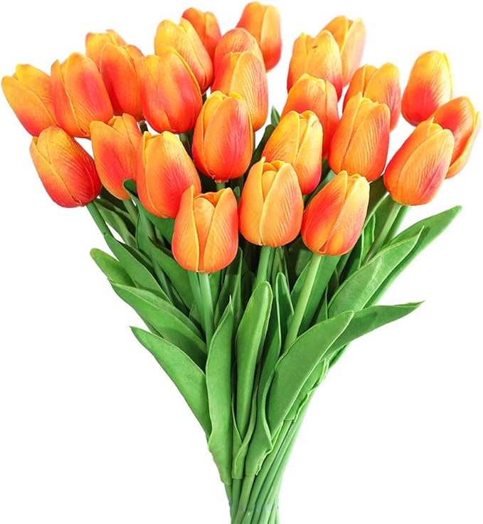 Kisflower 30Pcs Latex Tulips Real Touch Red and Yellow Artificial Flowers Fake Tulips Arrangement Bouquet for Home Office Wedding Decor (Red and Yellow)