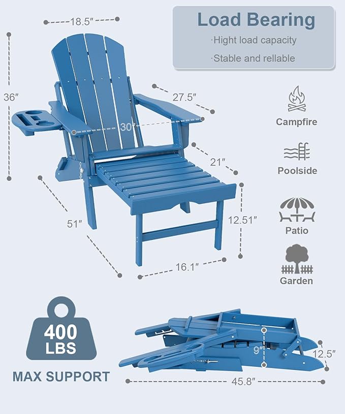 Adjustable Adirondack Chair with Retractable Ottoman Set of 8, HDPE Folding Adirondack Chair with Cup Holder, All Weather Fire Pit Chair for Outdoor.