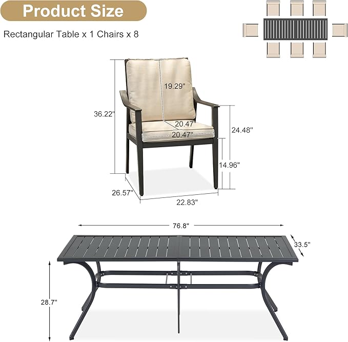 PURPLE LEAF Outdoor Dining Set for 8 with Thick Cushion Heavy-Duty Metal Patio Dining Furniture Set with All-Aluminum Slatted Table and Khaki Wicker Chairs for Deck Lawn Garden Backyard Pool