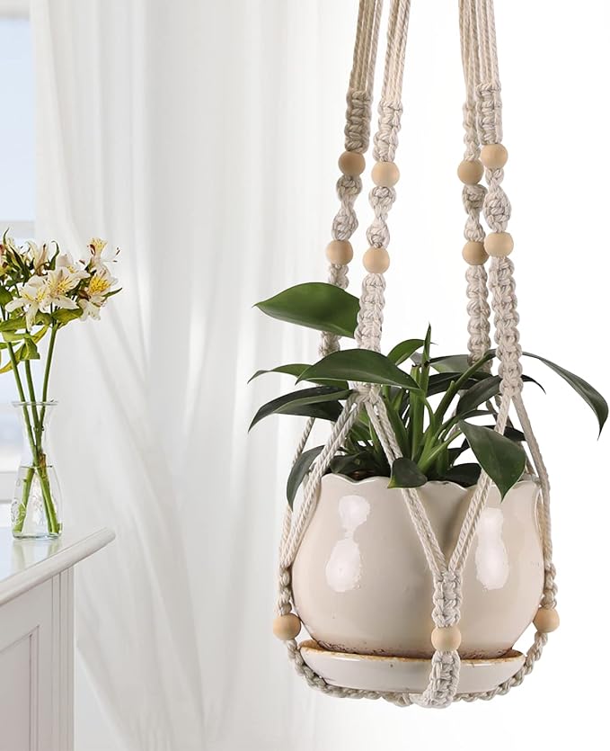 MKO SHUN 3-Pack Macrame Plant Hanger Indoor - Hanging Planter Basket for Indoor Outdoor - Decorative Boho Plant Holders Set with Beads - Ceiling Flower Pot Holder with 6 Hooks - 35"/30"/24" White