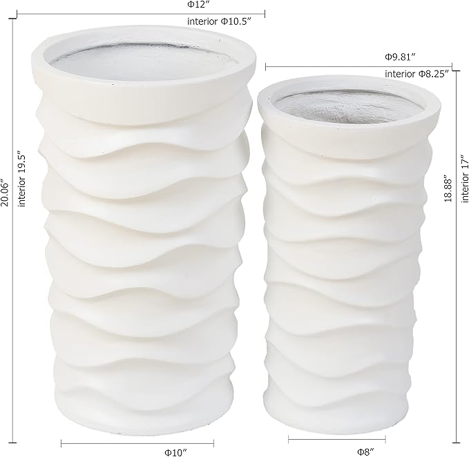 LuxenHome Tall Planters for Outdoor Plants, Set of 2 Indoor Outdoor Garden Plant Pots with Drainage Hole and Rubber Plug, Modern White Waves Flower Pot Concrete Planters for Home Garden Patio Porch
