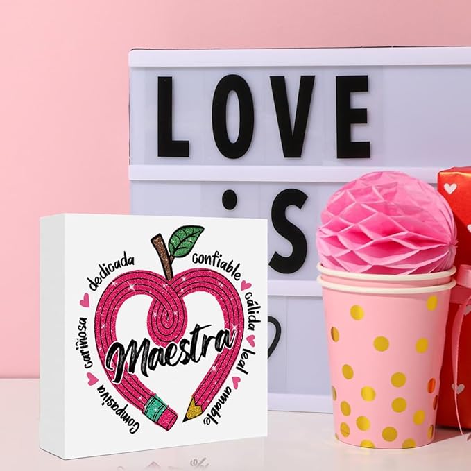 Teacher Valentine Decor Gift, Spanish Teacher Appreciation Gifts, Vintage Valentines Day Gifts for Teachers, Graduation Birthday Gift, Heart Pencil Wooden Box Sign for Office Desk Decor