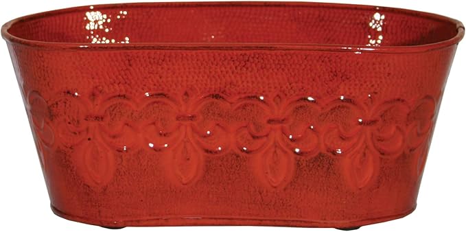 Robert Allen MPT01895 Fleur De Lis Series Metal Oval Planter Flower Pot, 10", Color Cayenne Red