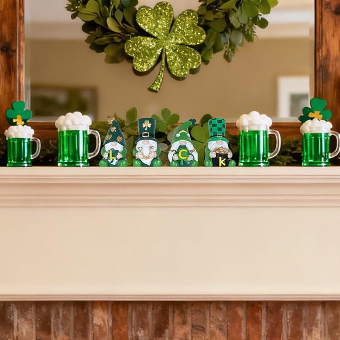 MEETYAMOR St Patricks Day Decorations, 4 PCS Gnome Resin Figurine for St Patricks Day Decor, Luck Sign Irish Green Clover Leprechaun Figurines Standing for Home Table, Mantel, Shelf