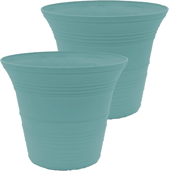The HC Companies 16 Inch Sedona Round Self Watering Planter Pots, Lightweight UV-Resistant Plastic Indoor & Outdoor Planters, 2-Pack Flower Pots for Garden & Home Decor, Dusty Teal