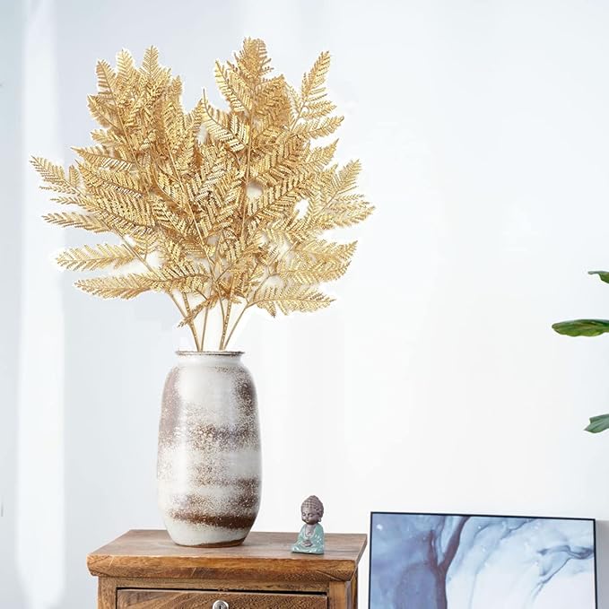 Artificial Plants Christmas Decor, PASYOU Gold Fern Fake Flowers Shrubs Plastic Grass Leaves Indoor Outdoor Home Garden Hotel Verandah Wedding Party Event Faux DIY Decoration, 30 Inch Golden 2 Bunches