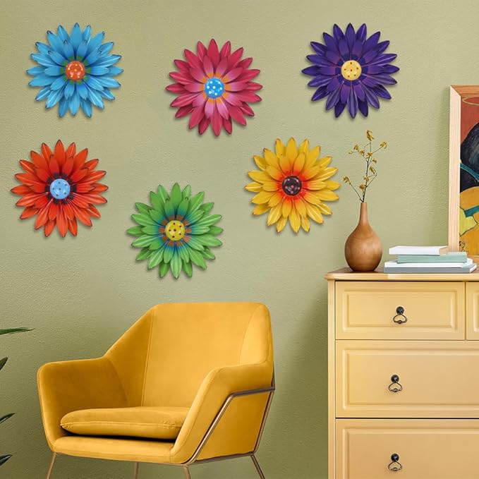 hogardeck Metal Flower Wall Decor - 6 PCS 8" Multicolor Flower Decor for Indoor Outdoor, Sunflower Kitchen Decor Floral Metal Wall Art, Sunflower Wall Decor for Bathroom, Living Room, Porch, Garden, Yard