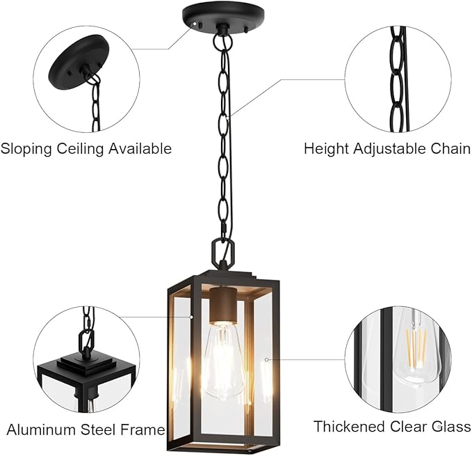 Modern Outdoor Pendant Light, 1-Light Outdoor Hanging Lantern Light, Matte Black Aluminum with Clear Glass, Exterior Pendant Lighting Fixture for Porch, Yard, Gazebo
