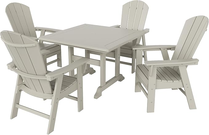 WestinTrends Malibu 5 Piece Adirondack Outdoor Dining Set, All Weather Poly Lumber Patio Table and Chairs Furniture Set, 43" Trestle Square Dining Table and 4 Adirondack Dining Chair, Sand